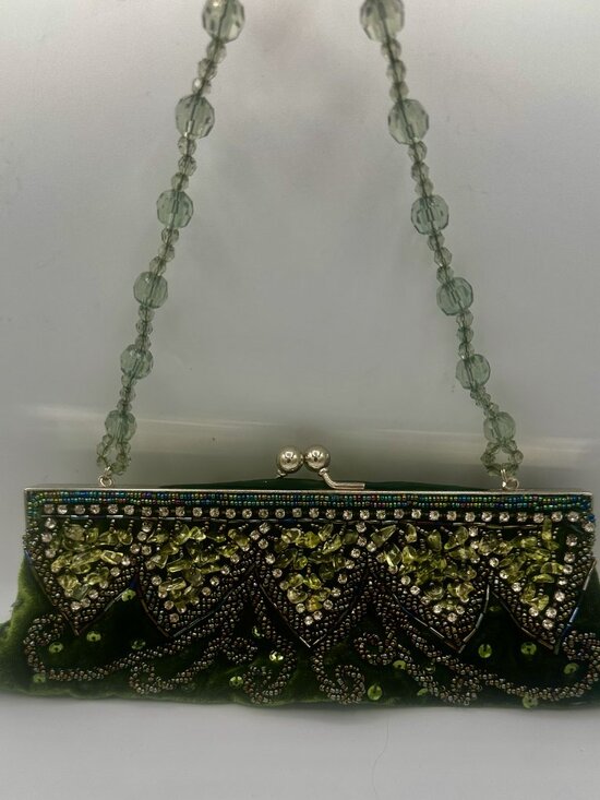 Cotton Productions Handbags - Y2K Cotton Productions Green Velvet Beaded Jeweled Evening Bag Purse